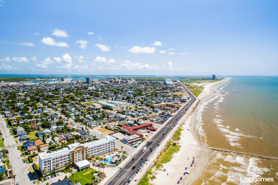 Aerial view of the beach and city of Galveston TX