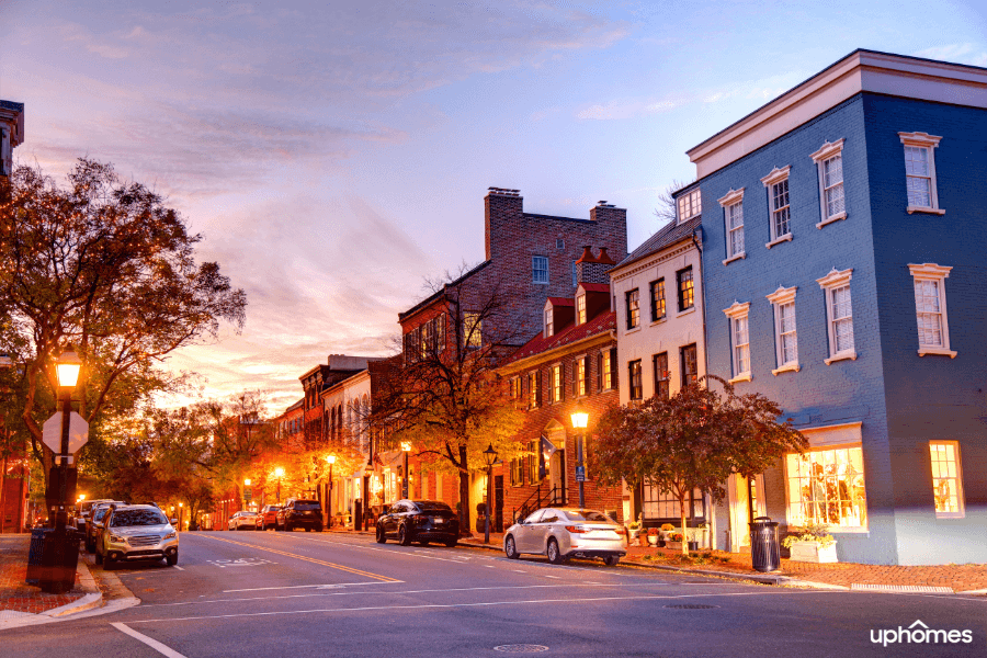 Downtown Alexandria Virginia streets and buildings at night time