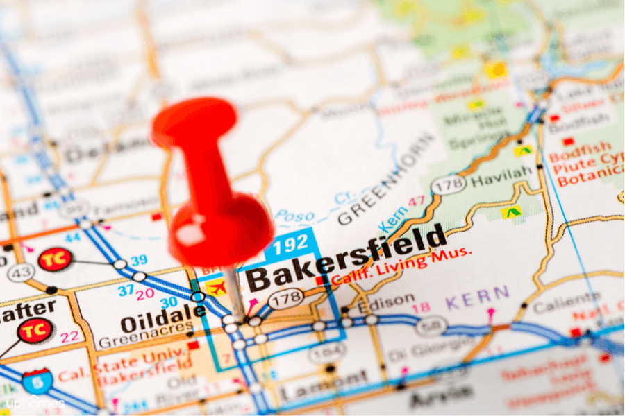 Bakersfield, California on a map located two hours from Los Angeles, California