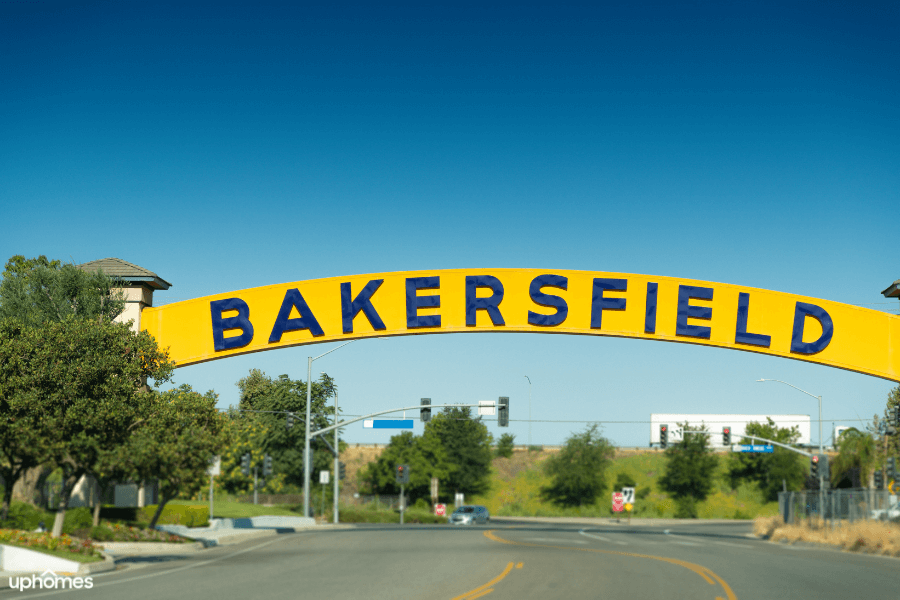 Bakersfield, CA - Bright yellow sign that reads Bakersfield in California