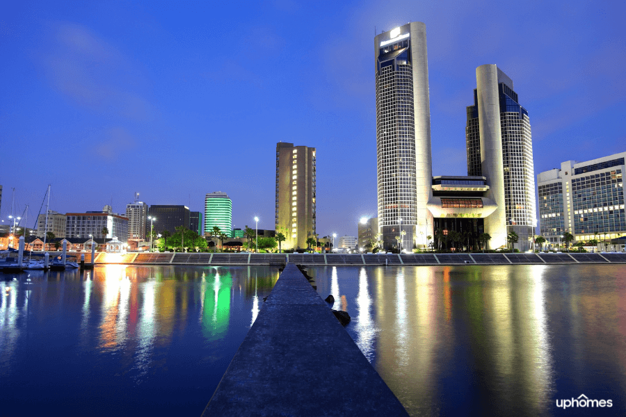 Corpus Christi Bay Area at night time with buildings lit up