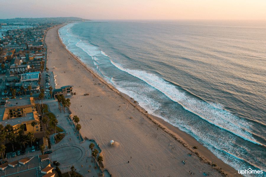 Beach in San Diego with the city and homes in the image as well