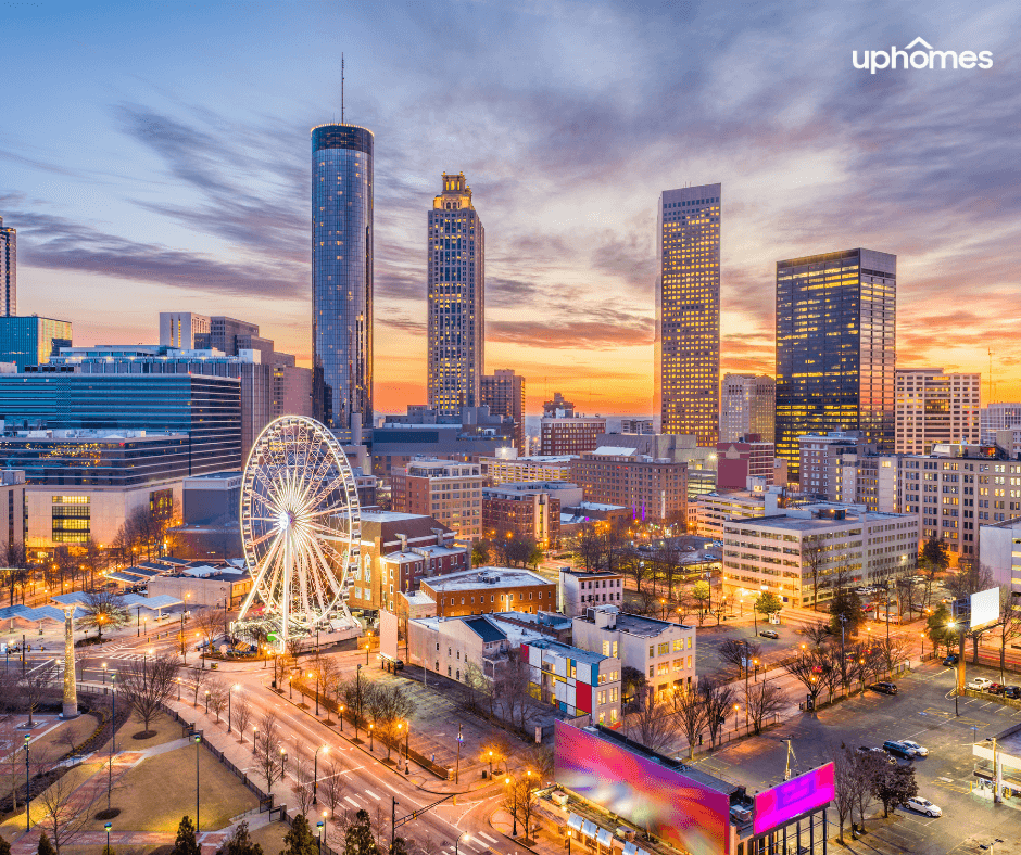 Picture of Atlanta Georgia Downtown Skyline and city at nighttime with the bright lights