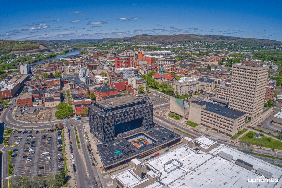 Aerial day time view of the city of Binghamton, NY
