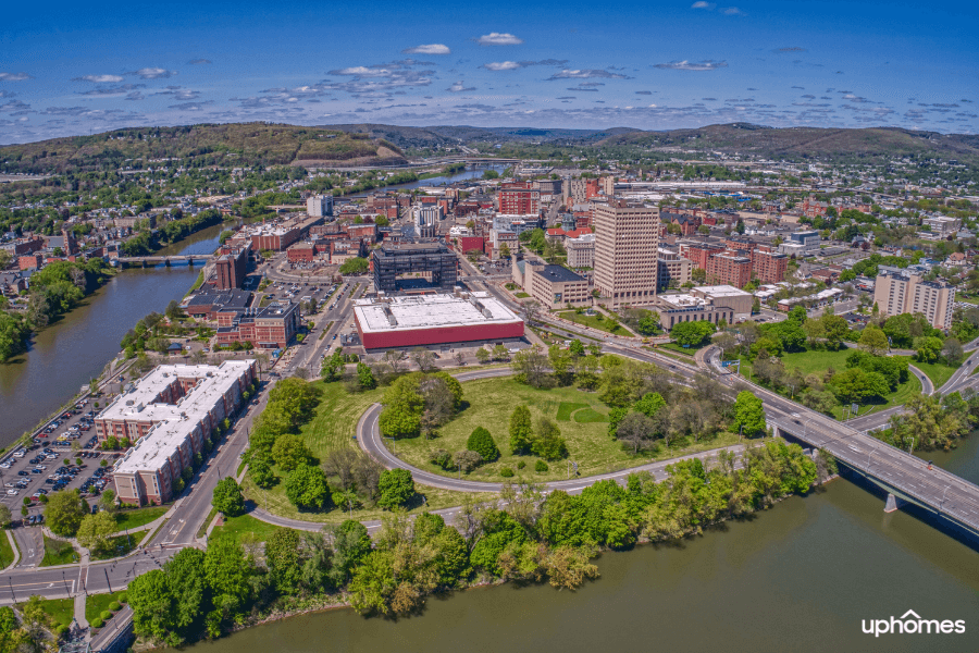 Aerial view of the city of Binghamton, NY on a sunny day