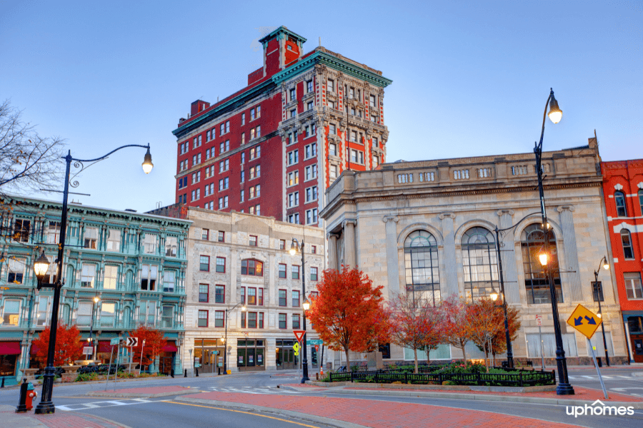 Downtown Binghamton NY on a sunny day with the city streets