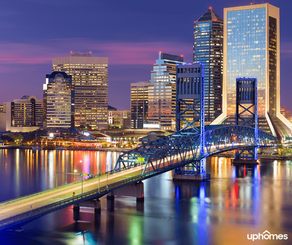 An image of Jacksonville, FL at nighttime with the John T Alsop bridge in the foreground and downtown Jacksonville skyline in the background