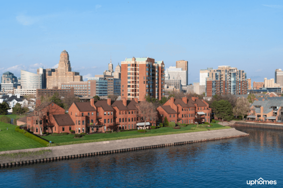 Buffalo New York brick homes in foreground with lake and city skyline in background on sunny day