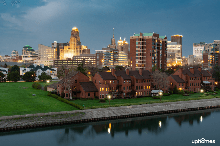 Sunset photo of Buffalo, NY city skyline with water and homes in the foreground