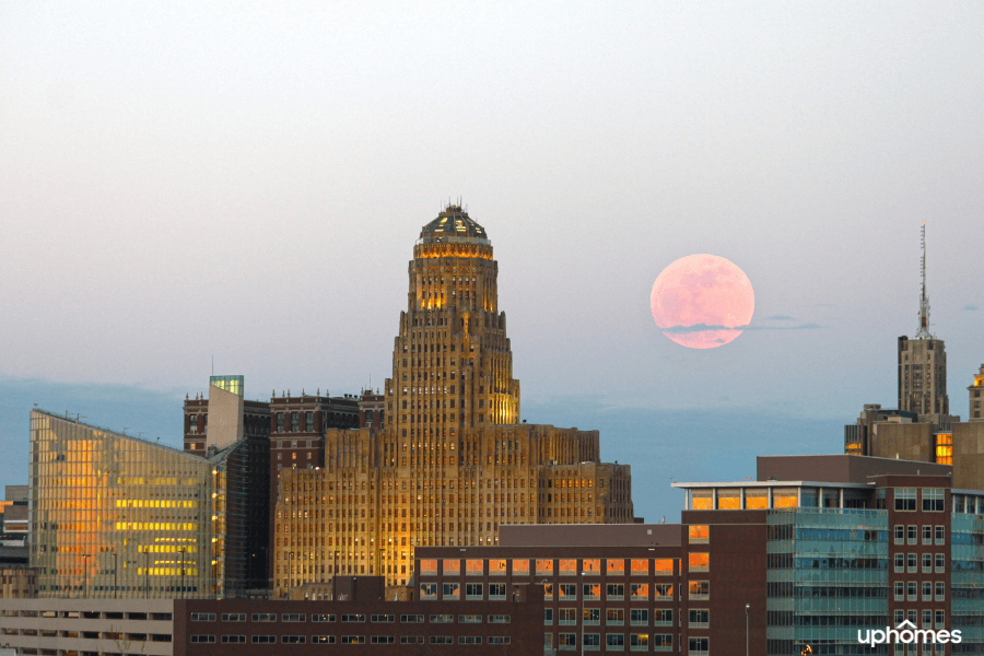 A gloomy day in cold Buffalo New York with city skyline and moon in background