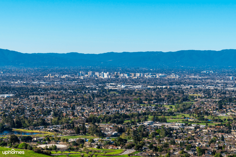 An aerial view of santa clara, ca with a mountain view in the background
