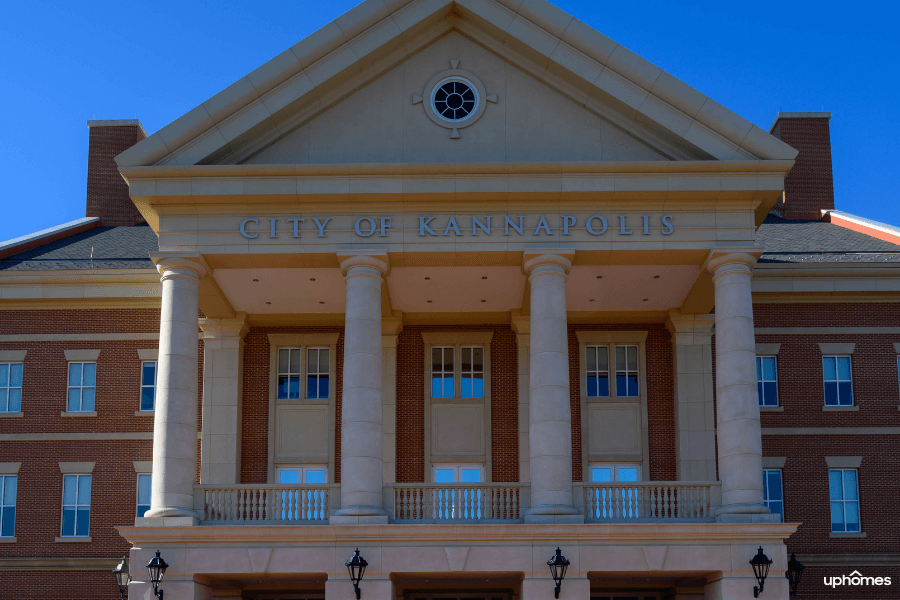 A photo of the townhall building in the town of Kannapolis on a sunny day with a sign that reads City Of Kannapolis