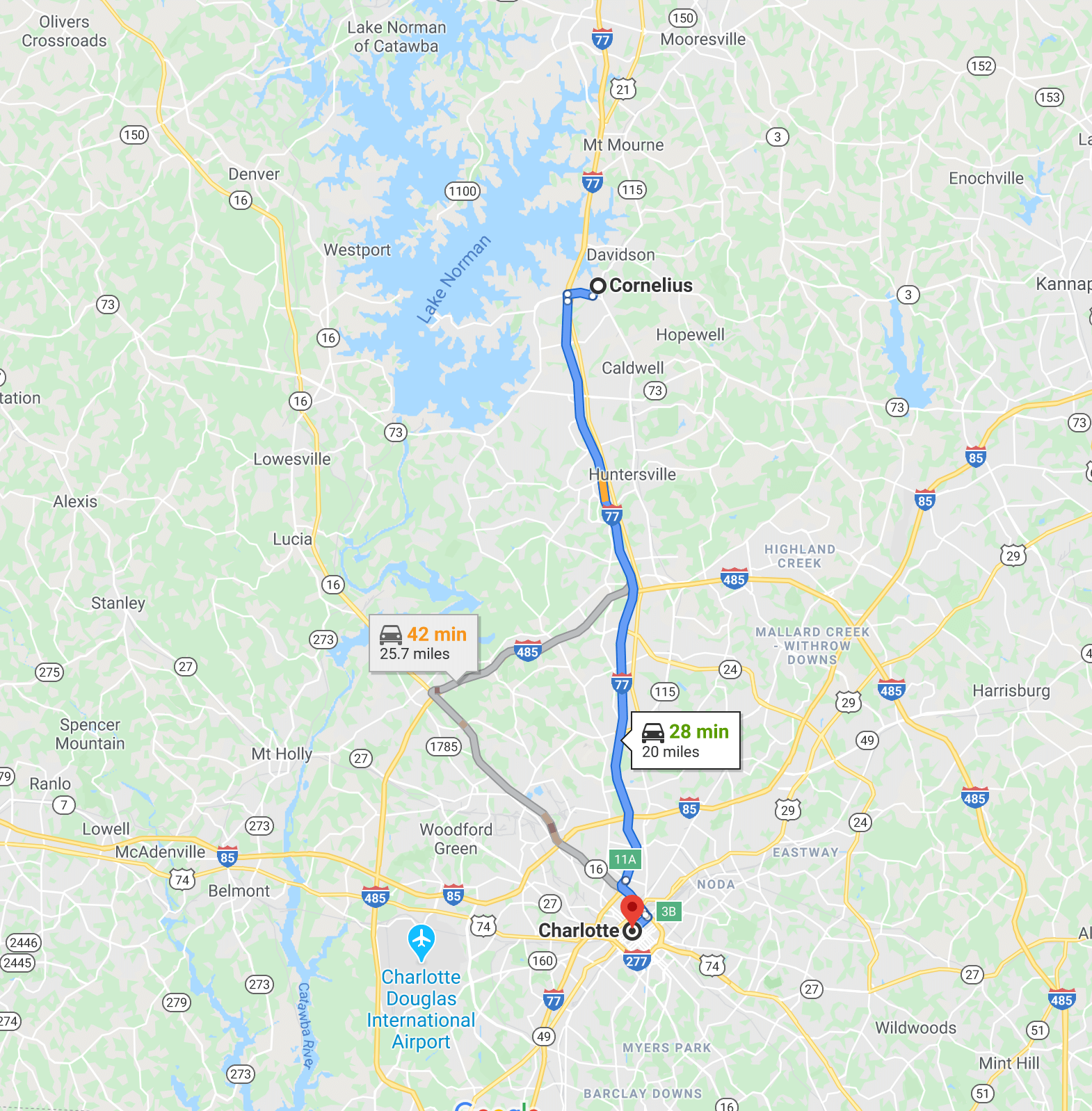 How Far is Cornelius, NC to Charlotte, NC?
