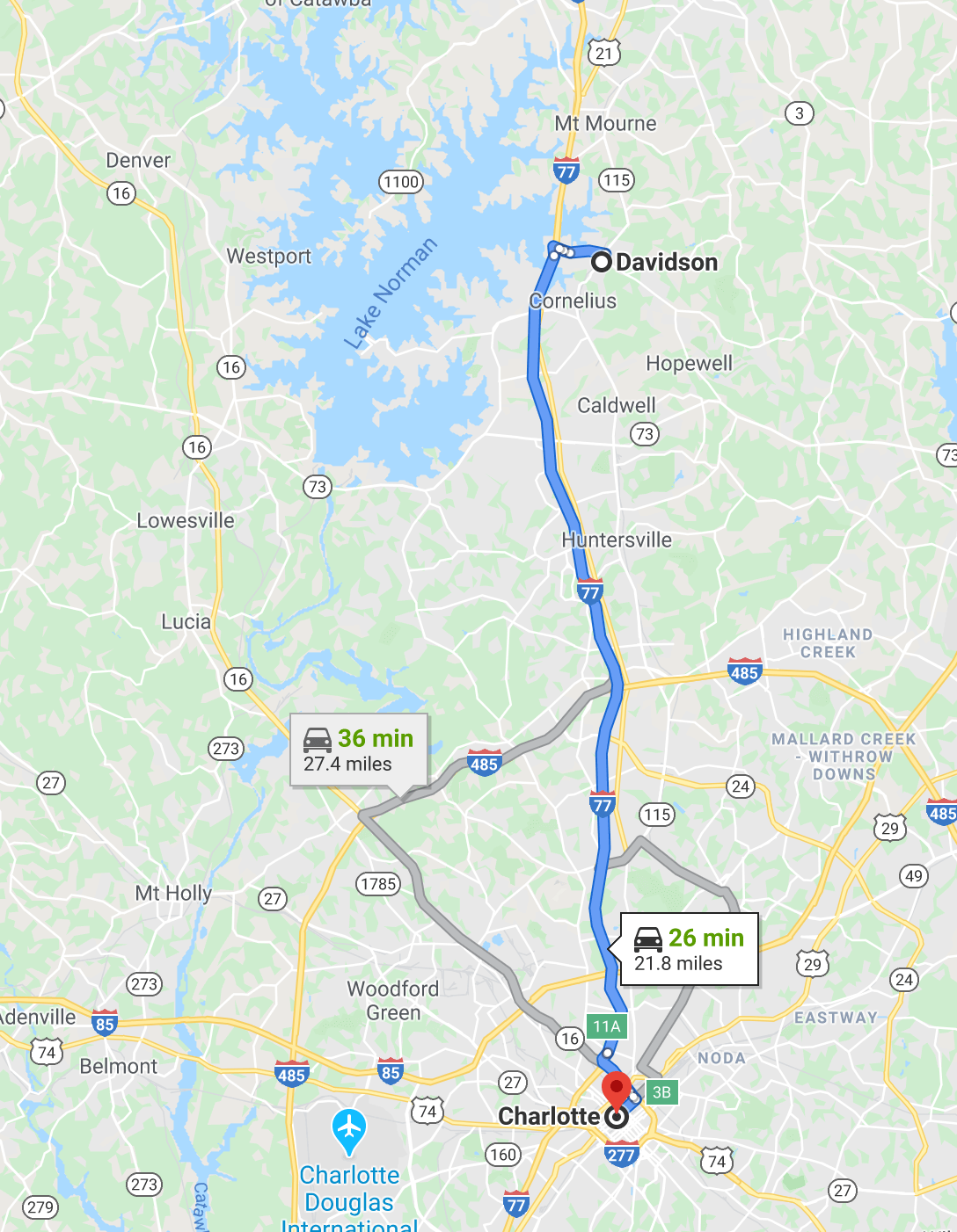 How far is Davidson, NC to Charlotte, NC?