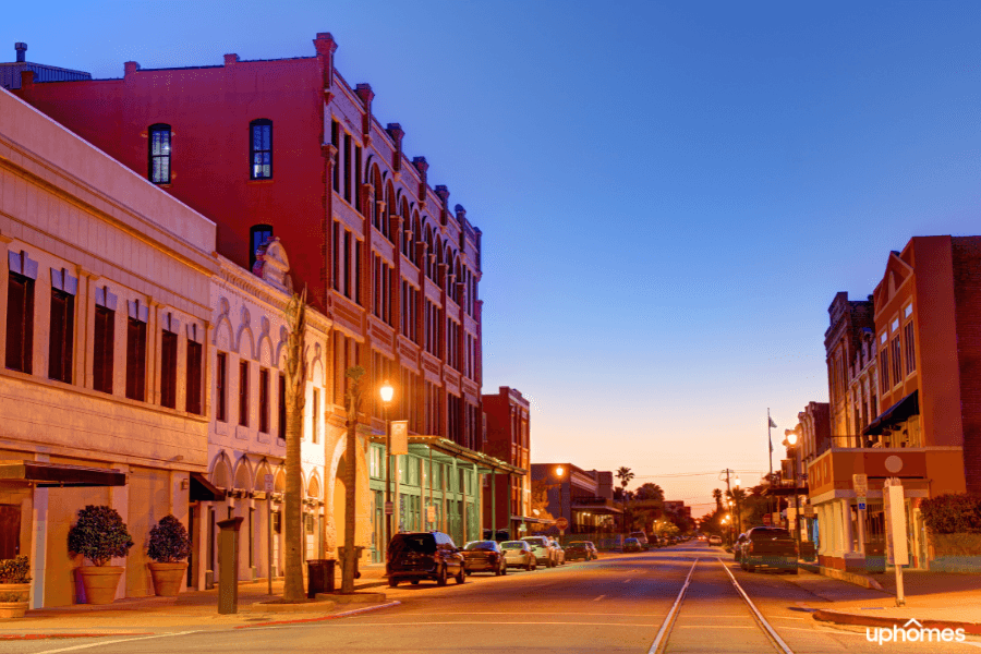 Downtown Galveston Texas at night time on a quiet and peaceful night