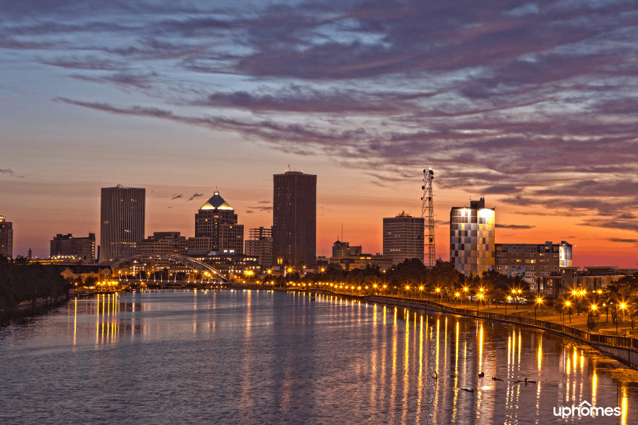 Downtown Rochester with sunset