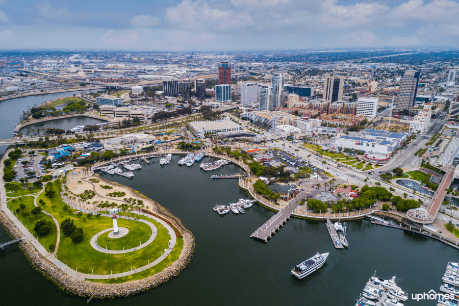 Aerial drone image of Long Beach, CA with the water and city