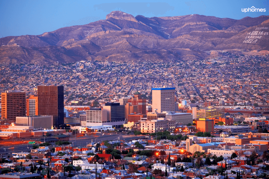 Mountain view with the El Paso city skyline in the foreground at sunset