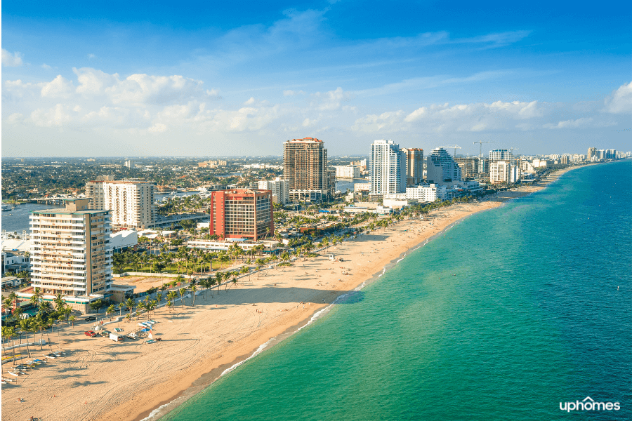 Fort Lauderdale beach and city skyline on a beautiful sunny day