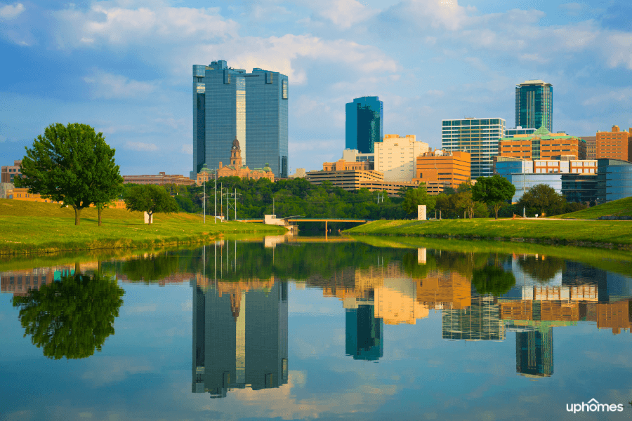 Fort Worth Skyline - A Water view of the Fort Worth TX cityscape on a bright sunny day 
