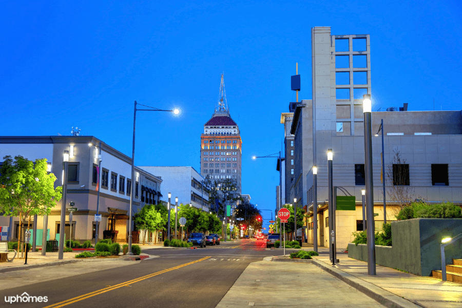 A view of downtown Fresno, California on a nice night