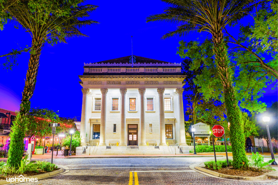 Downtown Gainesville, Florida building at sunset and a shopping plaza in the background