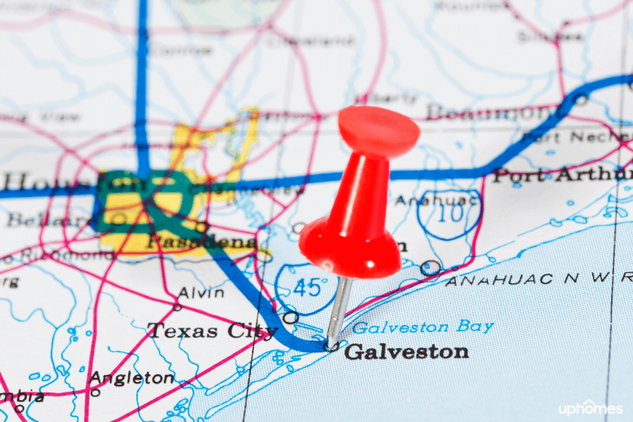 Galveston TX on a map with a pin showcasing it's exact location along the Texas coastline