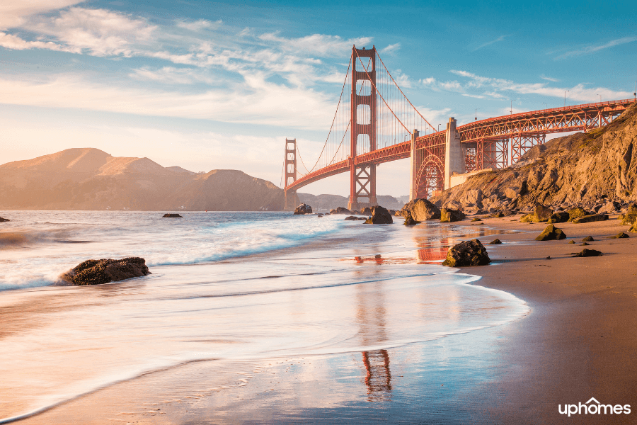 San Francisco's Golden Gate Bridge in California where home prices have soared and it's hard to find a place to live