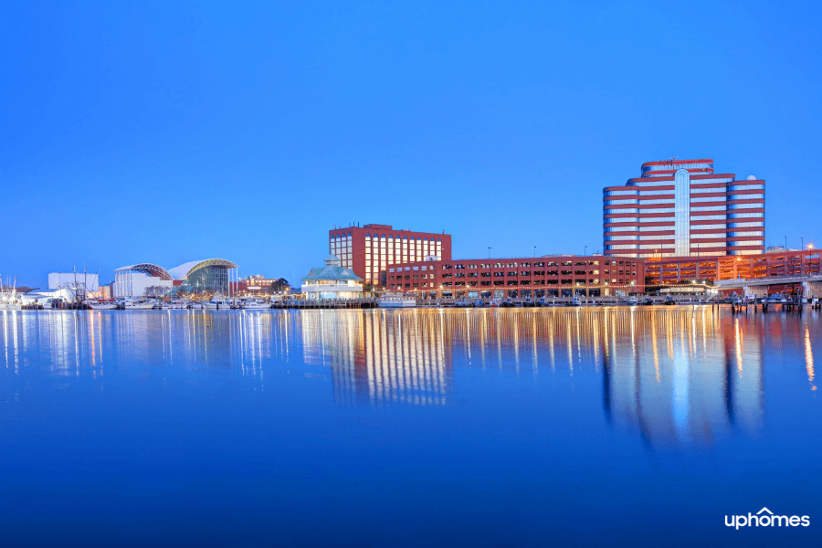Hampton, Virginia waterfront and city skyline in background