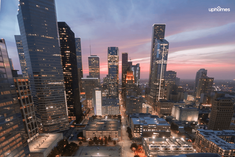 Downtown Houston, Texas buildings at night time lit up