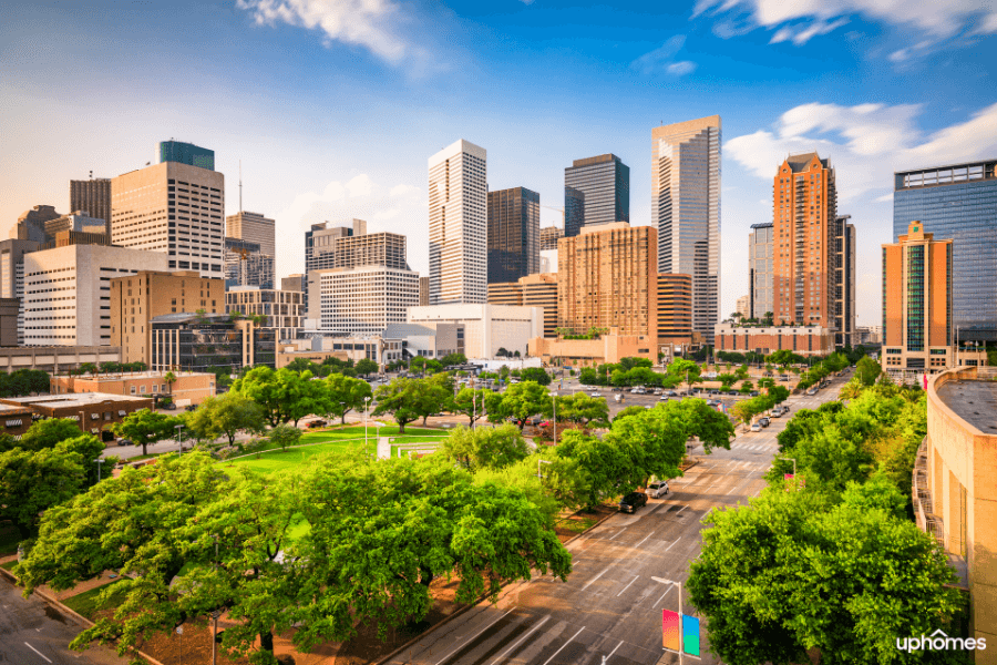 Houston Texas skyline of downtown during a nice sunny day without a cloud in the sky