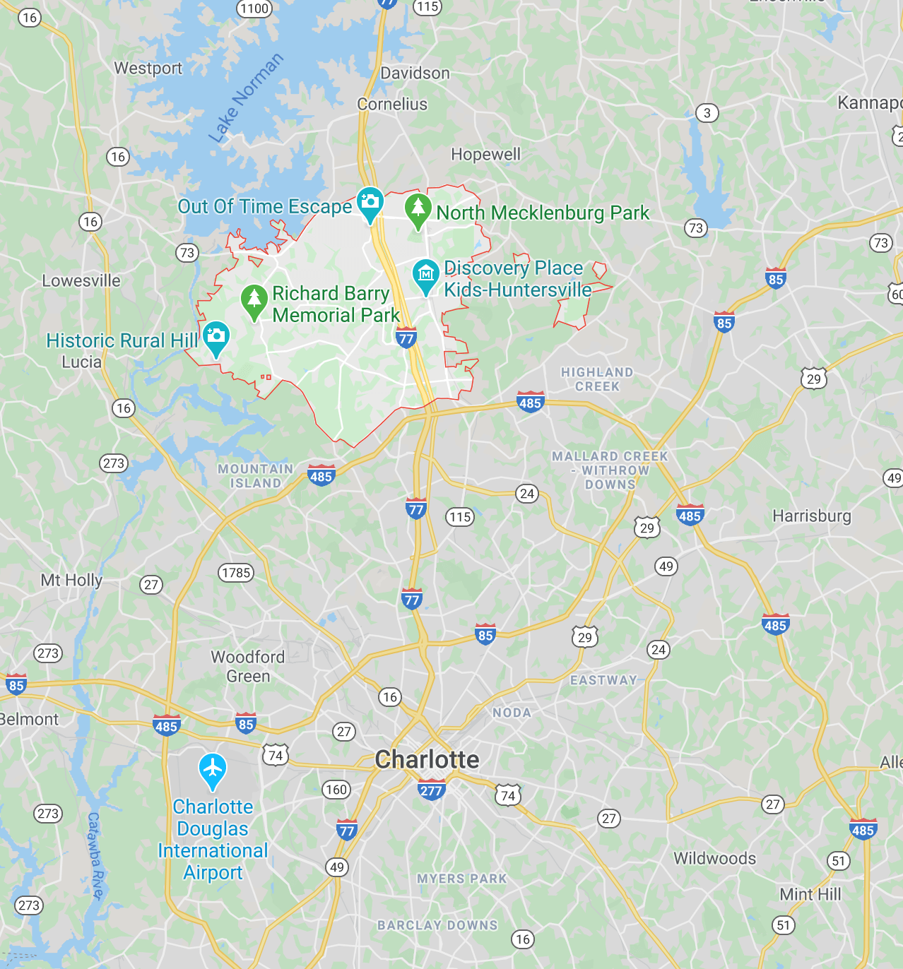 How far is Huntersville, NC to Charlotte, NC?