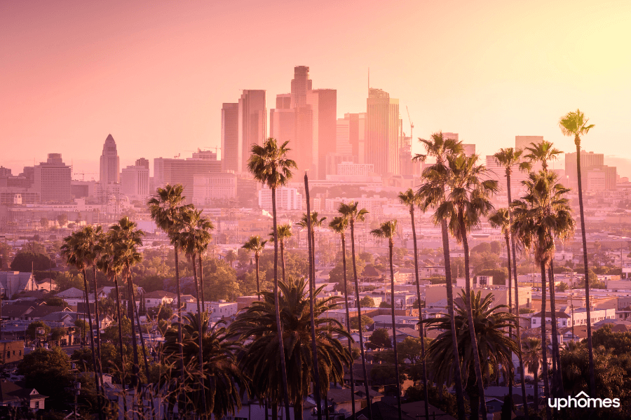 Los Angeles, California with the downtown city skyline at sunset from a hill with trees in the foreground