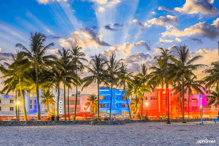 Miami is a bright city with colorful lights, palm trees and the sun setting in the background