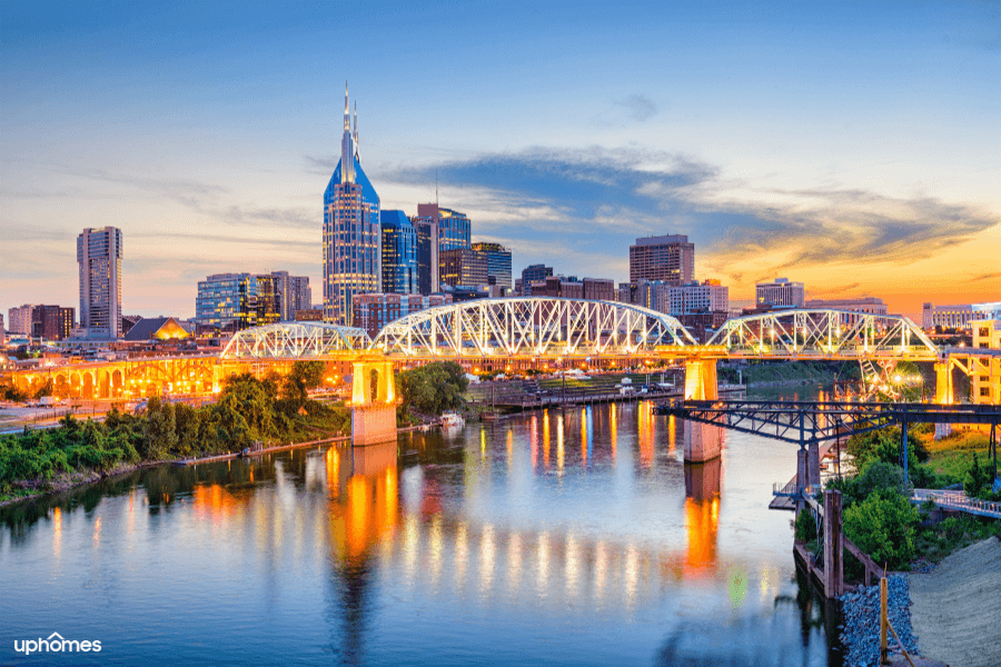 A photograph from a drone of downtown Nashville, TN with the bridge and water in the foreground and the downtown skyline