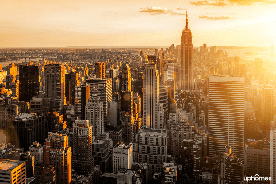 New York City skyline at sunrise on a beautiful morning - downtown New York City buildings