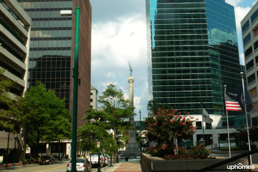 Norfolk VA Downtown area with historic statues and tall buildings