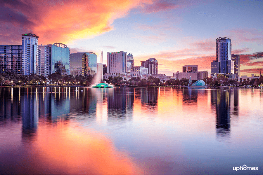 Orlando, Florida at sunset with a photo of the water and downtown buildings in the background