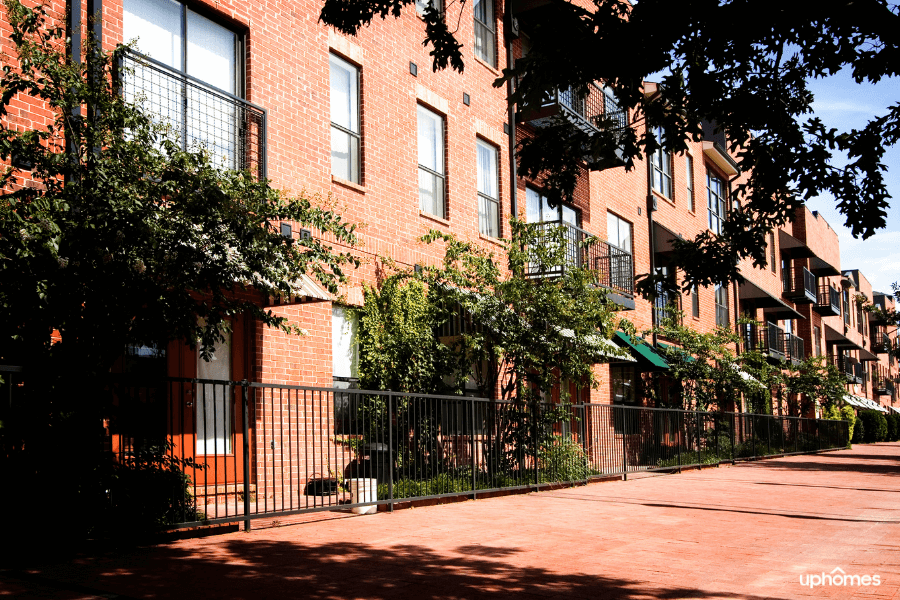 Homes in Downtown Plano with red brick townhomes