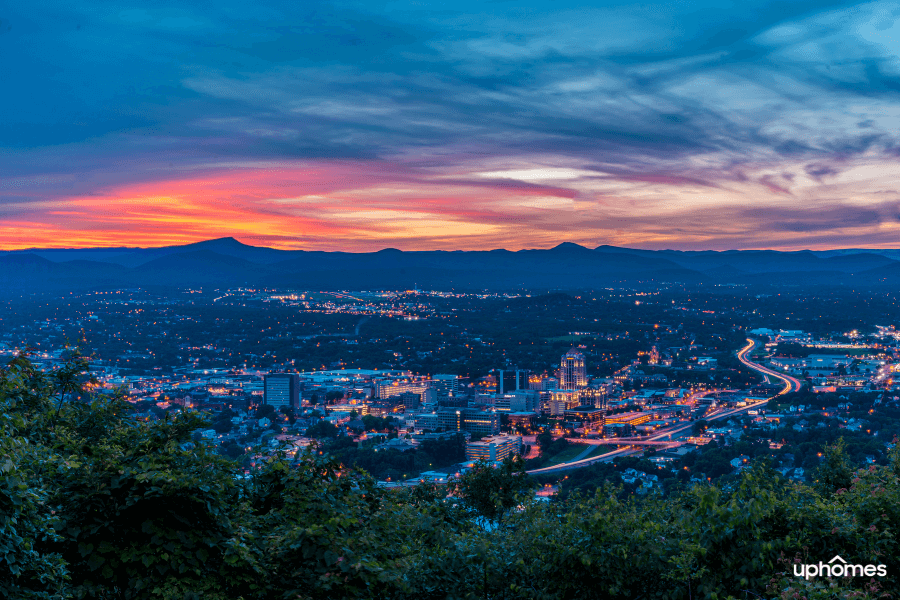 Photo of Roanoke, VA from the mountains at sunset