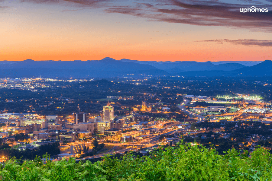 Beautiful photo of downtown Roanoke Virginia from the mountains with a nice sunset in the background