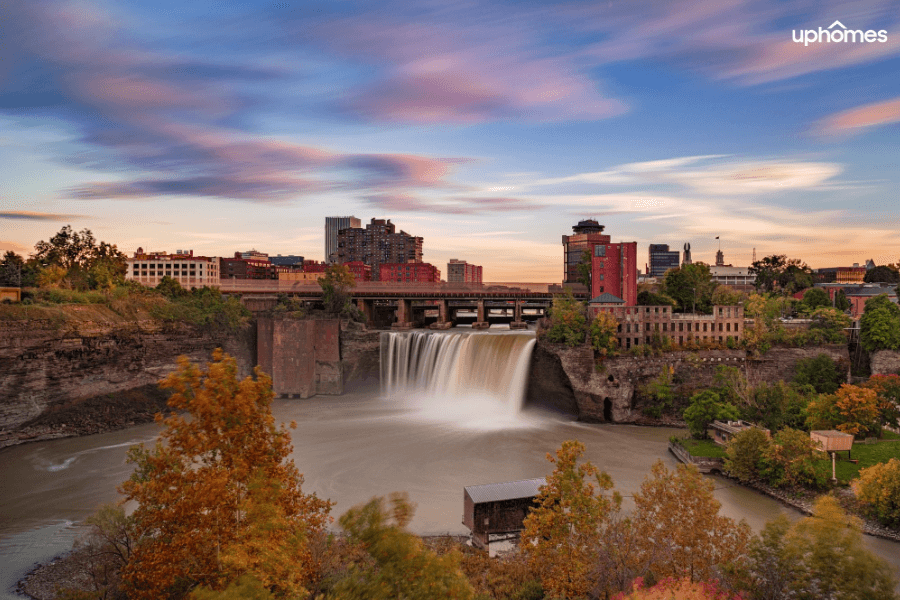 Rochester NY with a closeup of the waterfall downtown