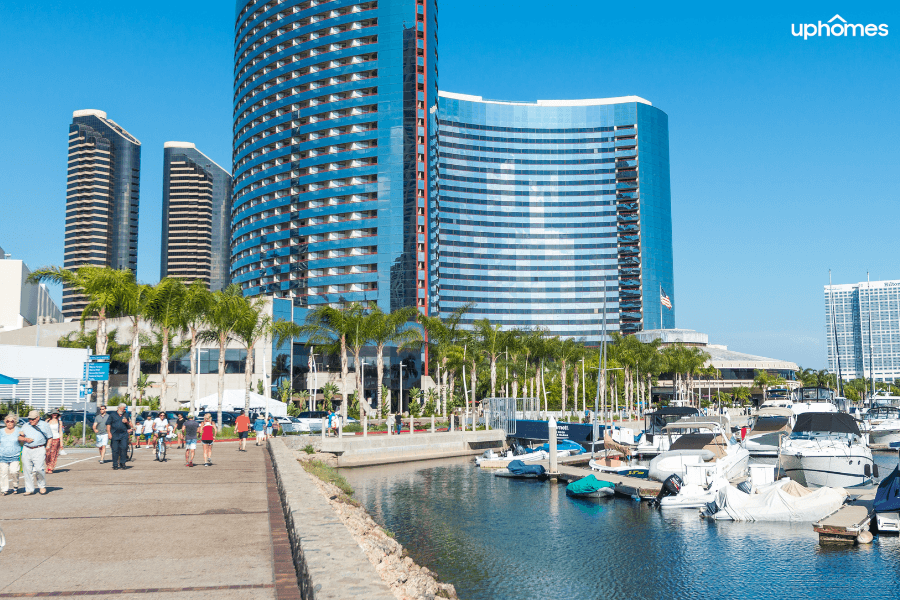 San Diego Boardwalk downtown on the water with boats, shopping and people