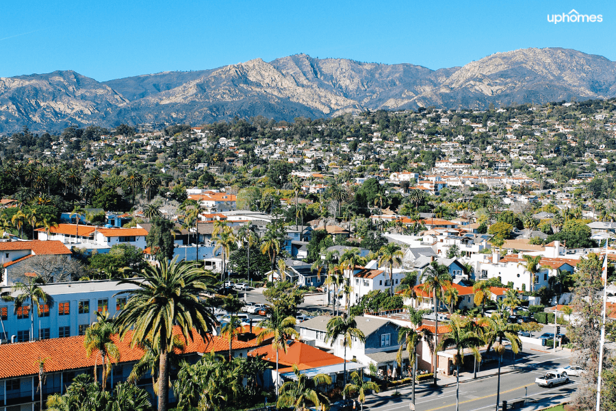 Downtown Santa Barbara aerial view and skyline with the mountains in the backgrounds