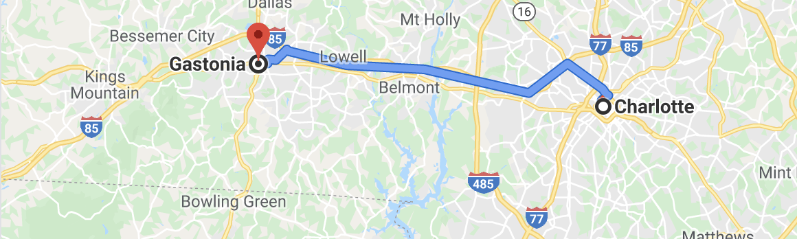 How far is Gastonia, MC to Charlotte, NC?
