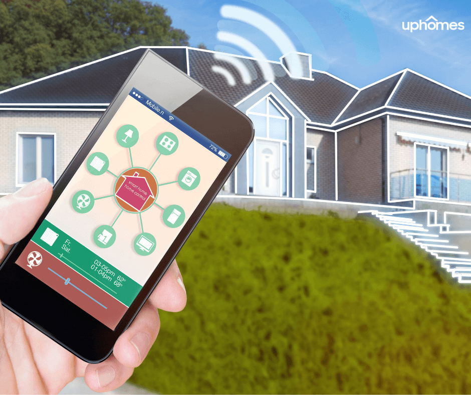 A photo of a smart home with a cell phone controlling the home via a smart home app