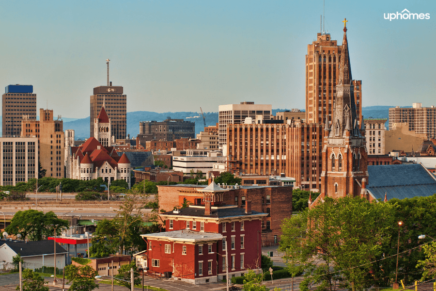 Aerial view of downtown Syracuse and neighborhoods