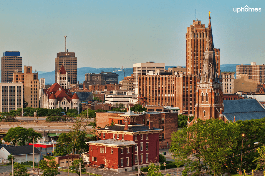 Syracuse NY Aerial view of buildings downtown on sunny day