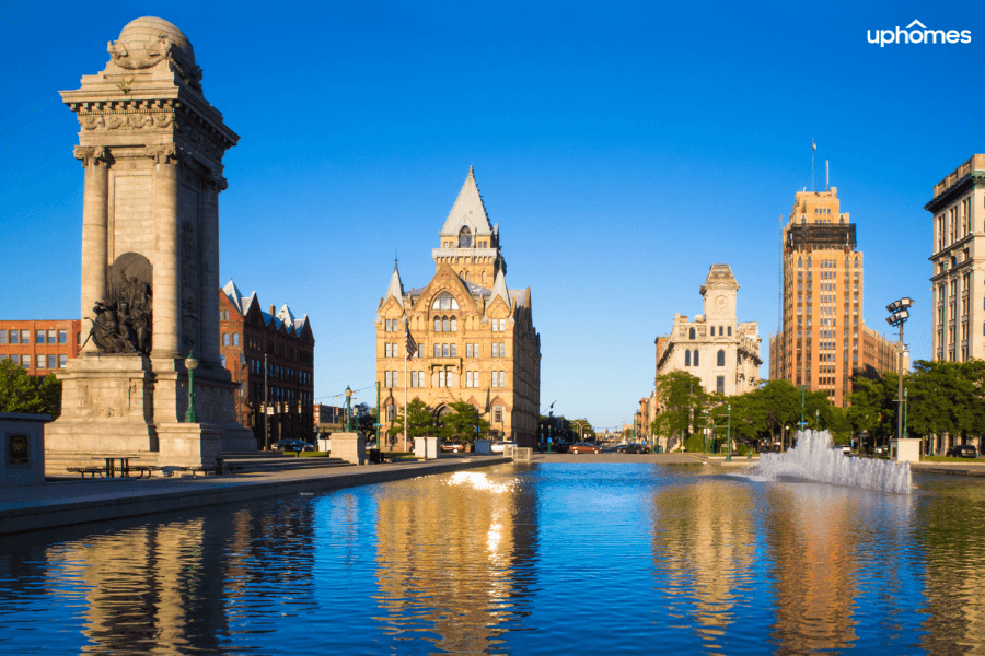 Syracuse NY Downtown on a sunny day with buildings and water