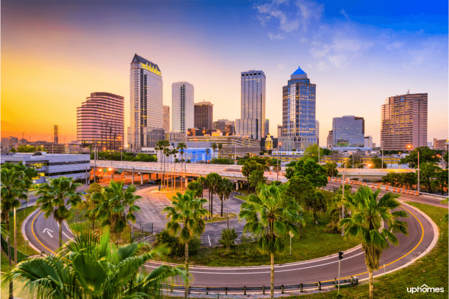 Tampa Florida Skyline and Roads, trees and beautiful sunny day